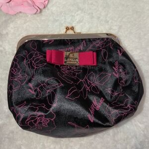 Lanvin Kisslock Satin Kisslock Pouch Black Clutch with Pink Floral Graffiti Rare